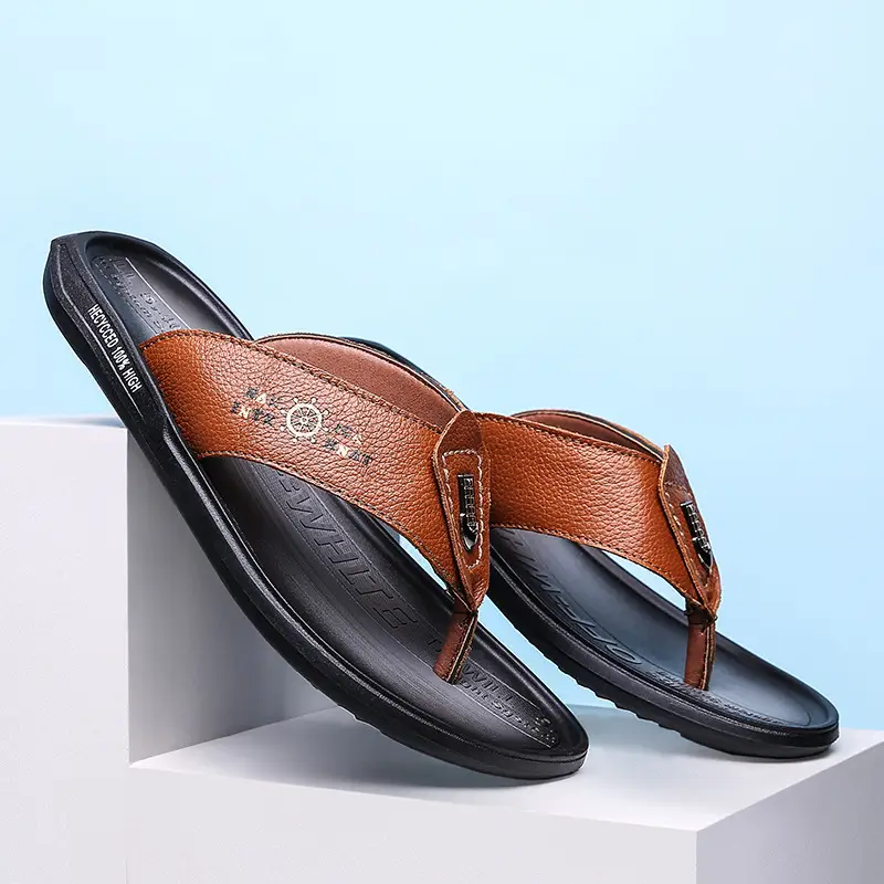 Men's Brown Leather Korean Flip Flops Summer Sandals