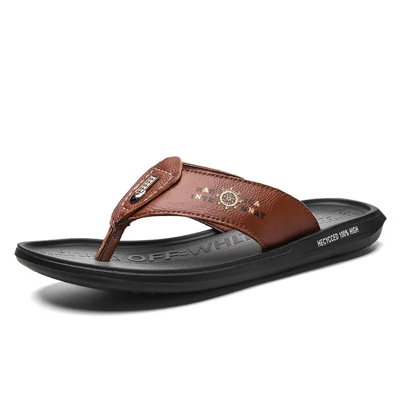 Men's Brown Leather Korean Flip Flops Summer Sandals