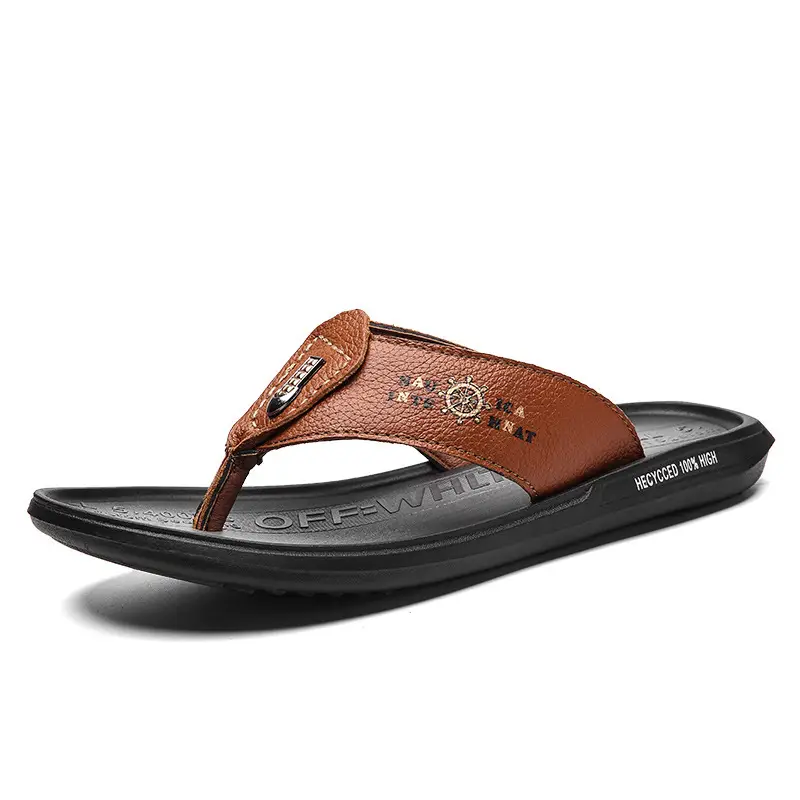 Men's Brown Leather Korean Flip Flops Summer Sandals