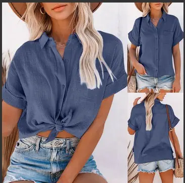 Women Cotton Linen Short Sleeve Button Shirt Blue - Image 11