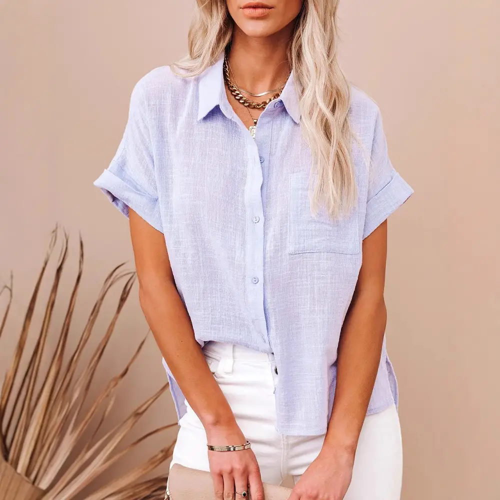 Women Cotton Linen Short Sleeve Button Shirt Blue - Image 14