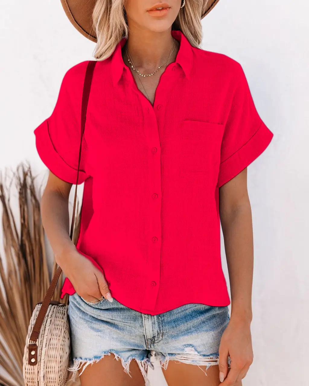 Women Cotton Linen Short Sleeve Button Shirt Blue - Image 2