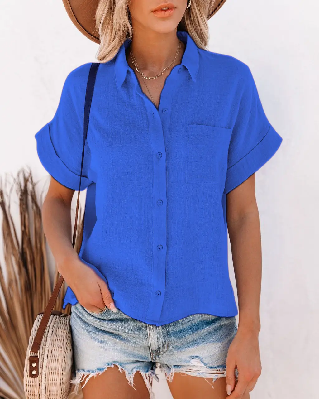 Women Cotton Linen Short Sleeve Button Shirt Blue - Image 7