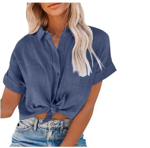 Women Cotton Linen Short Sleeve Button Shirt Blue - Image 8