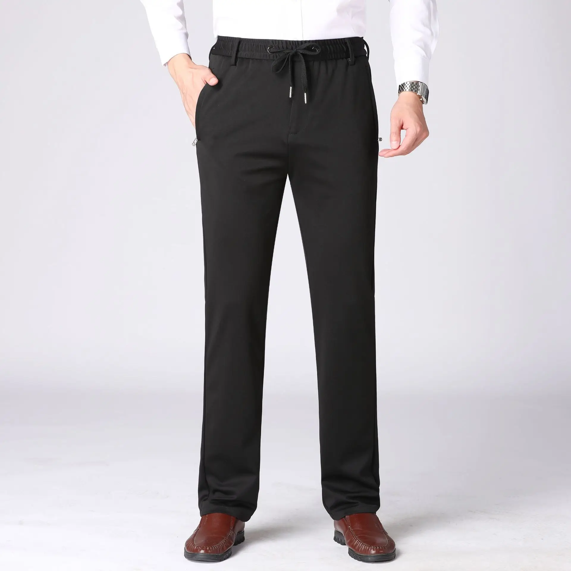 Men Black Elastic Waist Casual Pants - Image 2