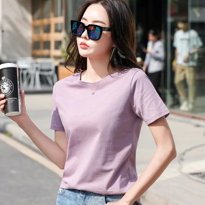 Women Cotton Round Neck T-Shirt Light Purple Loose Fit - Image 18