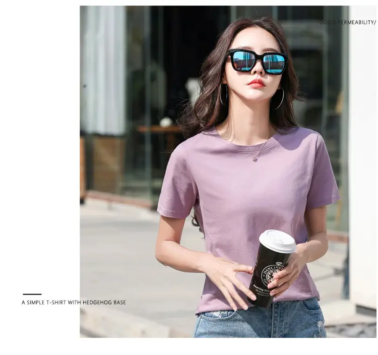 Women Cotton Round Neck T-Shirt Light Purple Loose Fit — feature 14