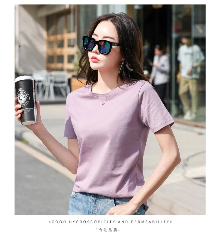 Women Cotton Round Neck T-Shirt Light Purple Loose Fit — feature 15
