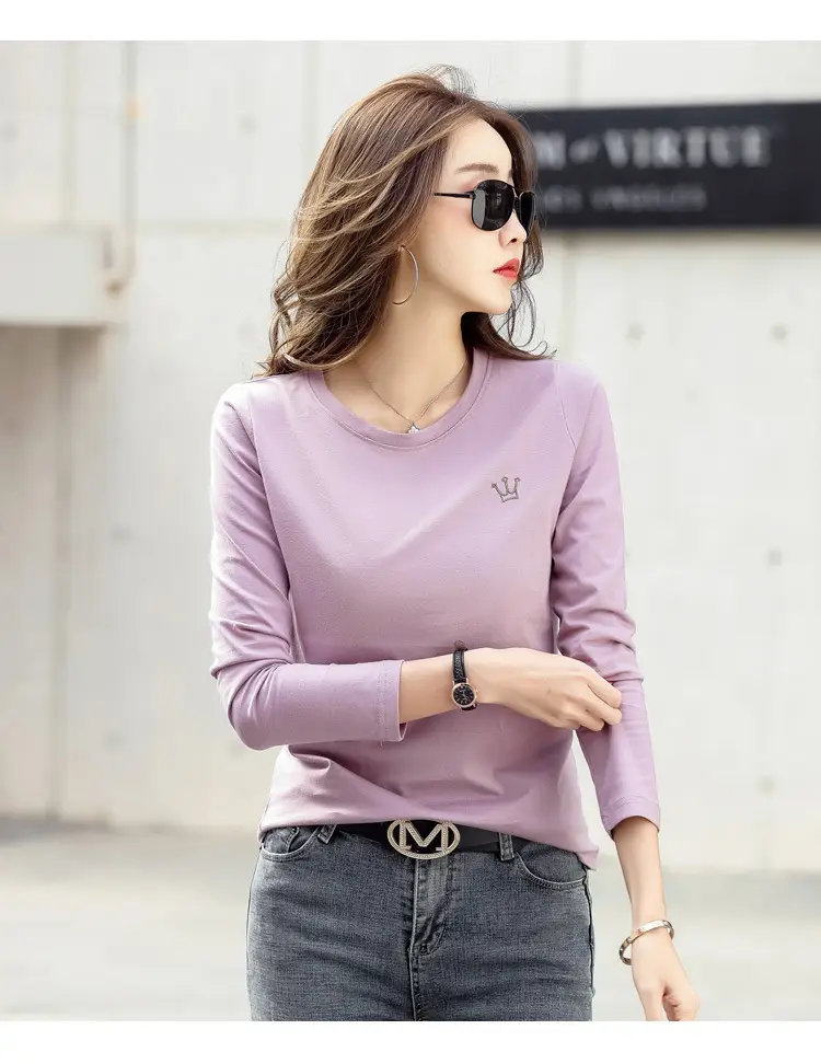 Women Cotton Round Neck T-Shirt Light Purple Loose Fit — feature 50