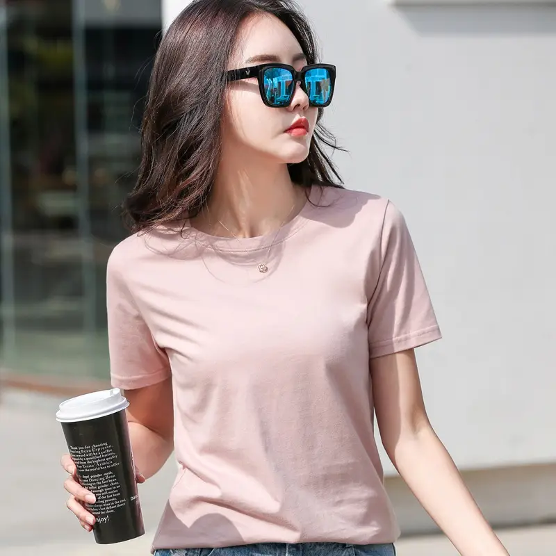 Women Cotton Round Neck T-Shirt Light Purple Loose Fit - Image 4