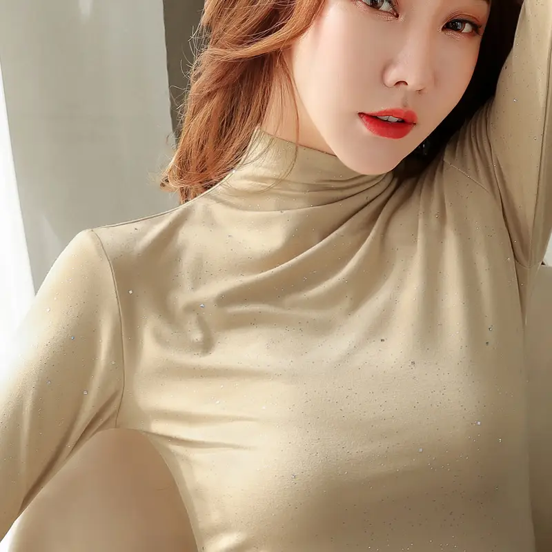 Women Black Sequin Semi-Collar T-Shirt Spring Autumn - Image 9