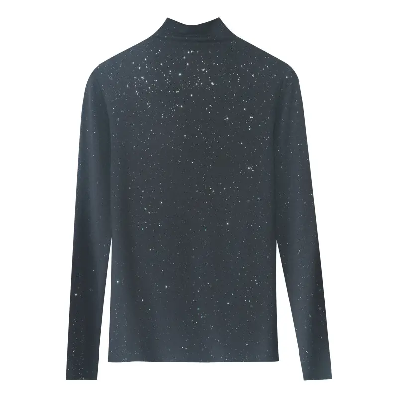 Women Black Sequin Semi-Collar T-Shirt Spring Autumn - Image 12
