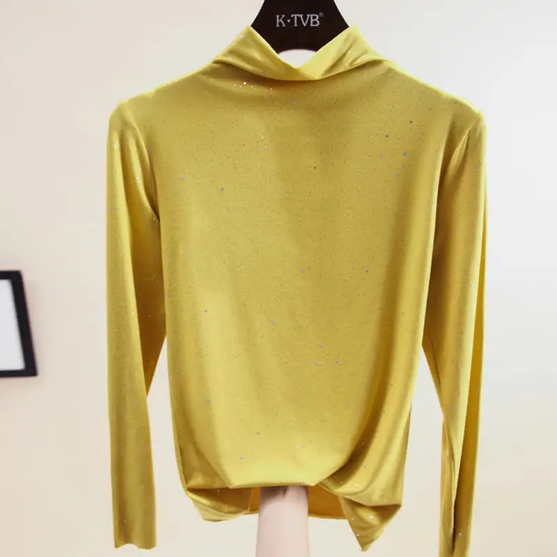 Women Black Sequin Semi-Collar T-Shirt Spring Autumn - Image 2