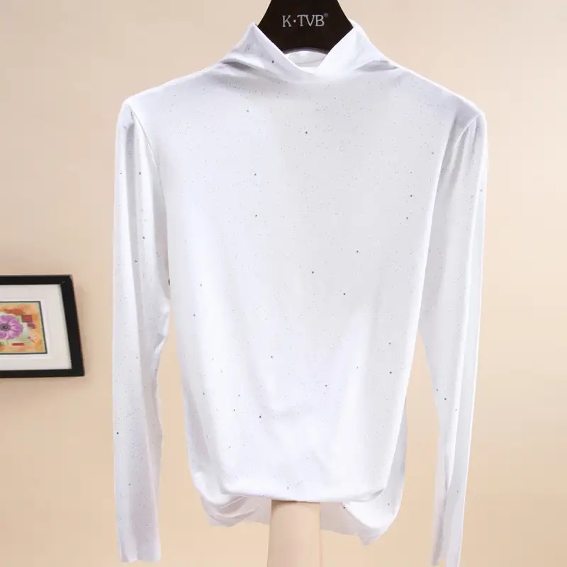Women Black Sequin Semi-Collar T-Shirt Spring Autumn - Image 3