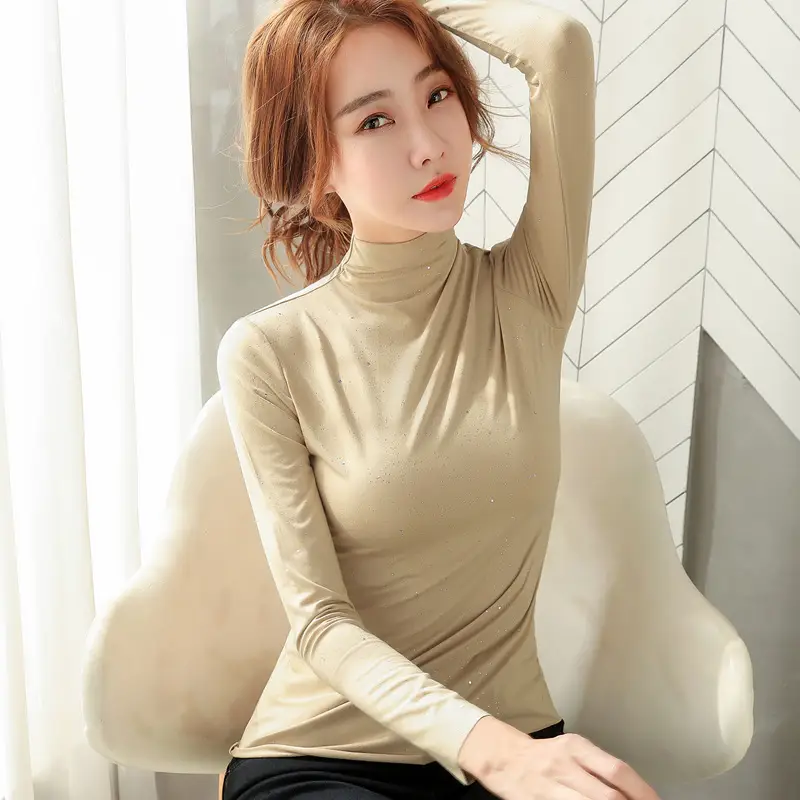 Women Black Sequin Semi-Collar T-Shirt Spring Autumn - Image 6