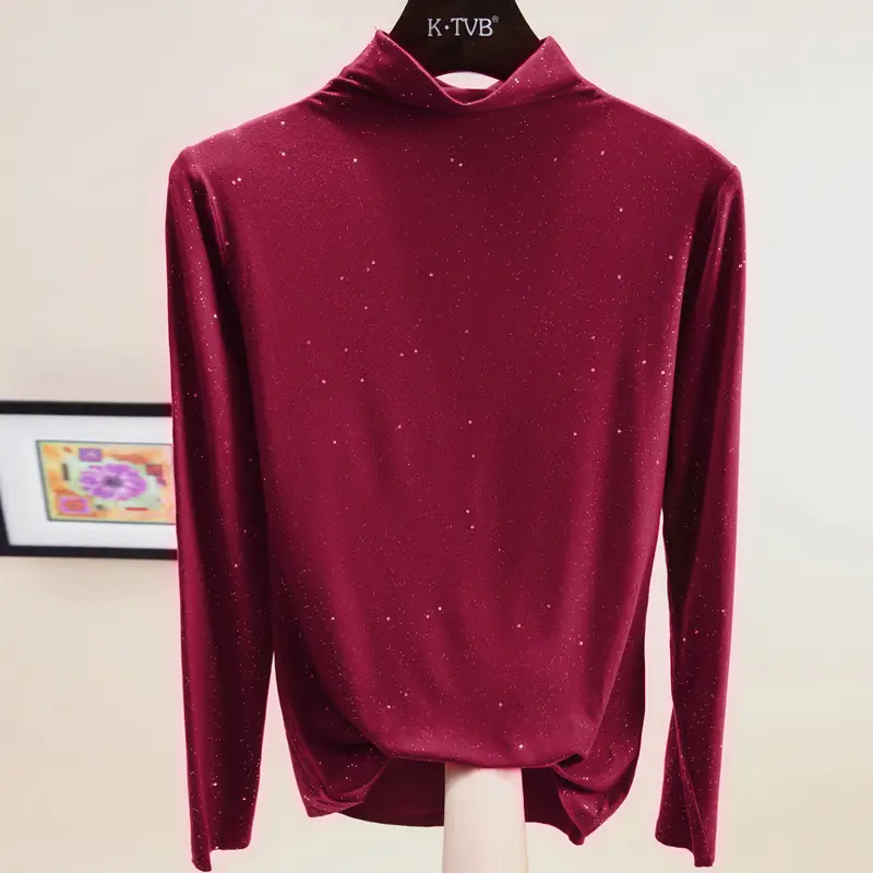 Women Black Sequin Semi-Collar T-Shirt Spring Autumn - Image 7