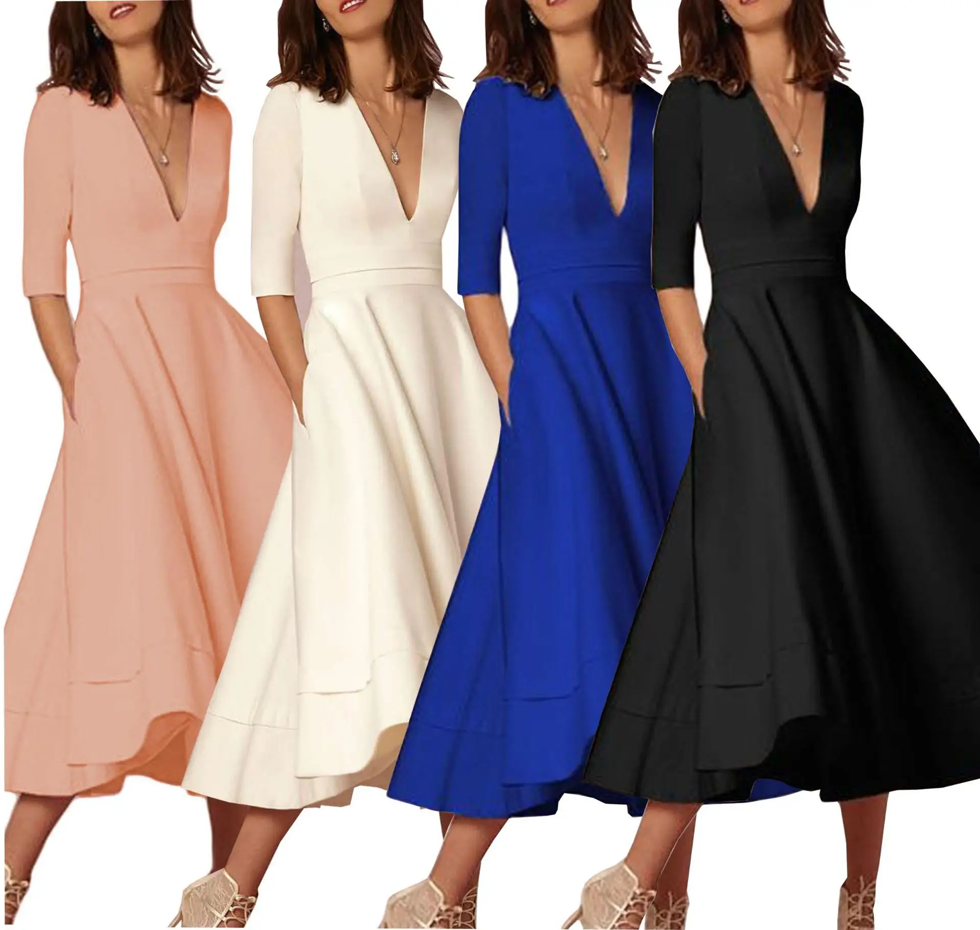 Cross-border Evening Dress V-Neck Banquet Solid Color Mid-length Dress for Women - Image 10