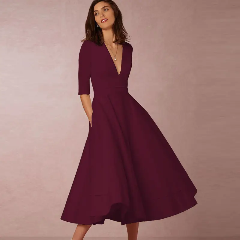 Cross-border Evening Dress V-Neck Banquet Solid Color Mid-length Dress for Women - Image 11