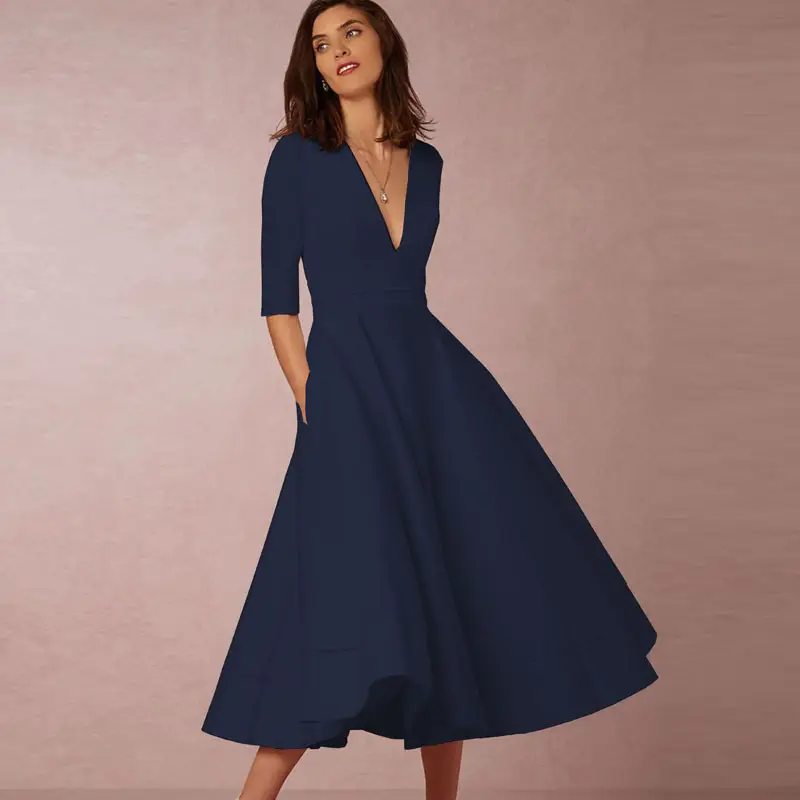 Cross-border Evening Dress V-Neck Banquet Solid Color Mid-length Dress for Women - Image 12