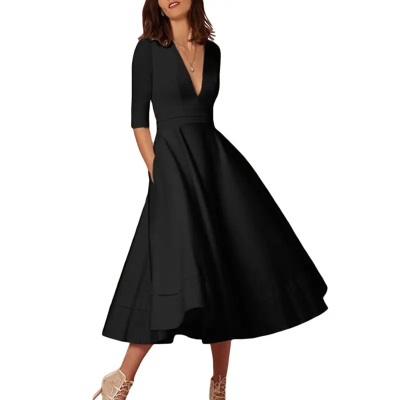 Cross-border Evening Dress V-Neck Banquet Solid Color Mid-length Dress for Women - Image 13