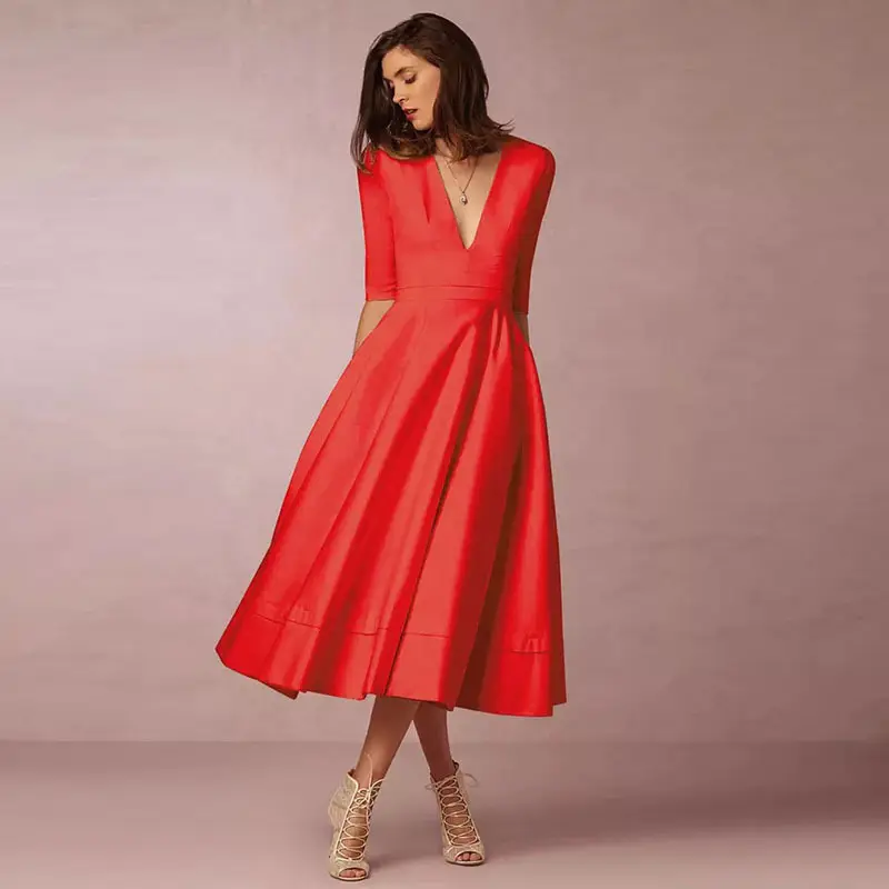 Cross-border Evening Dress V-Neck Banquet Solid Color Mid-length Dress for Women — feature 15