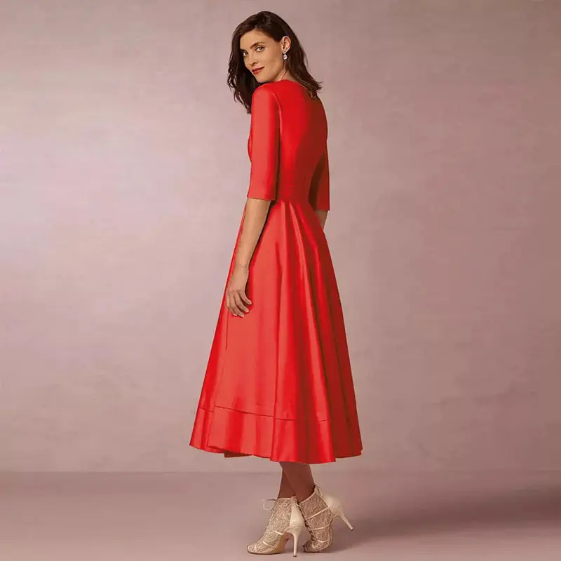 Cross-border Evening Dress V-Neck Banquet Solid Color Mid-length Dress for Women — feature 16