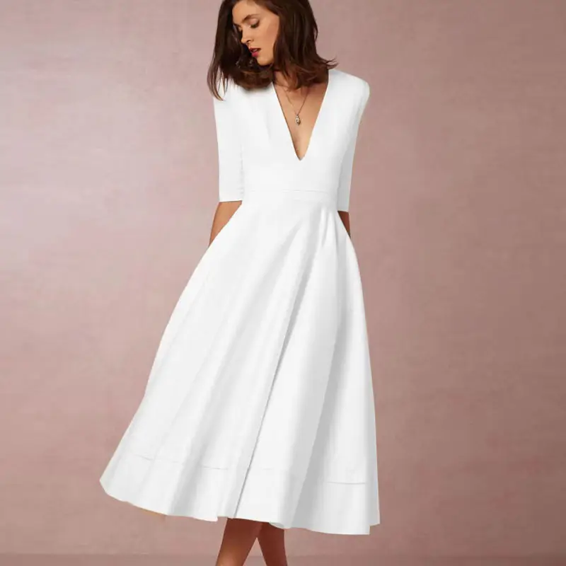 Cross-border Evening Dress V-Neck Banquet Solid Color Mid-length Dress for Women — feature 17
