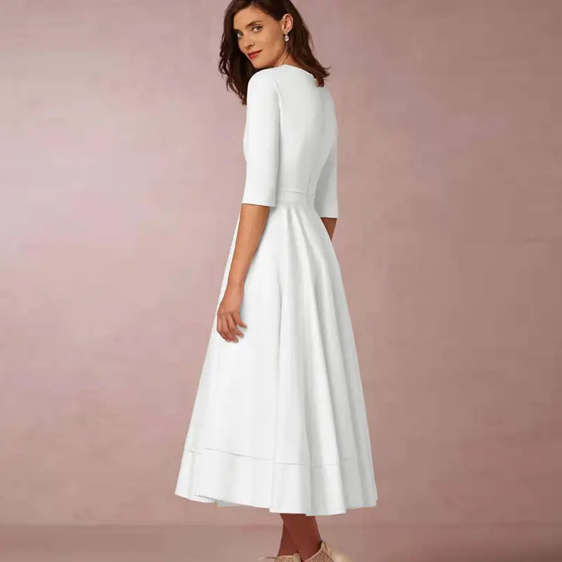 Cross-border Evening Dress V-Neck Banquet Solid Color Mid-length Dress for Women — feature 18