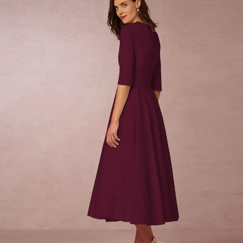 Cross-border Evening Dress V-Neck Banquet Solid Color Mid-length Dress for Women — feature 7