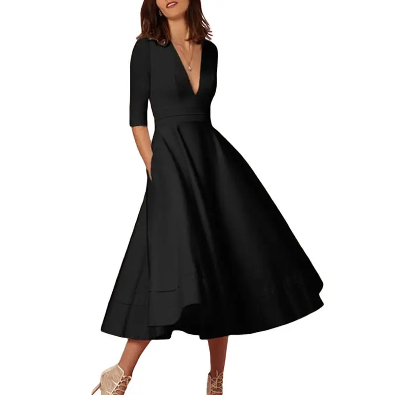 Cross-border Evening Dress V-Neck Banquet Solid Color Mid-length Dress for Women - Image 4