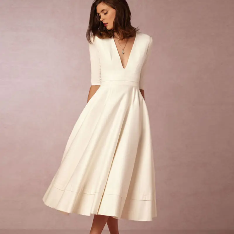 Cross-border Evening Dress V-Neck Banquet Solid Color Mid-length Dress for Women - Image 5