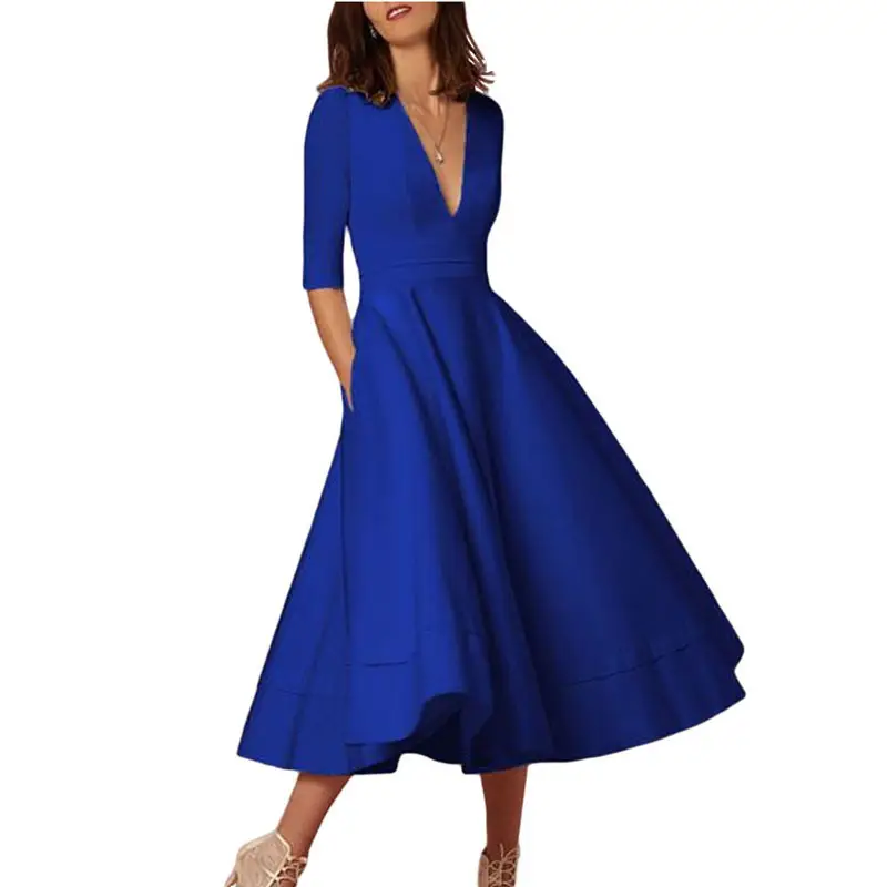 Cross-border Evening Dress V-Neck Banquet Solid Color Mid-length Dress for Women - Image 6