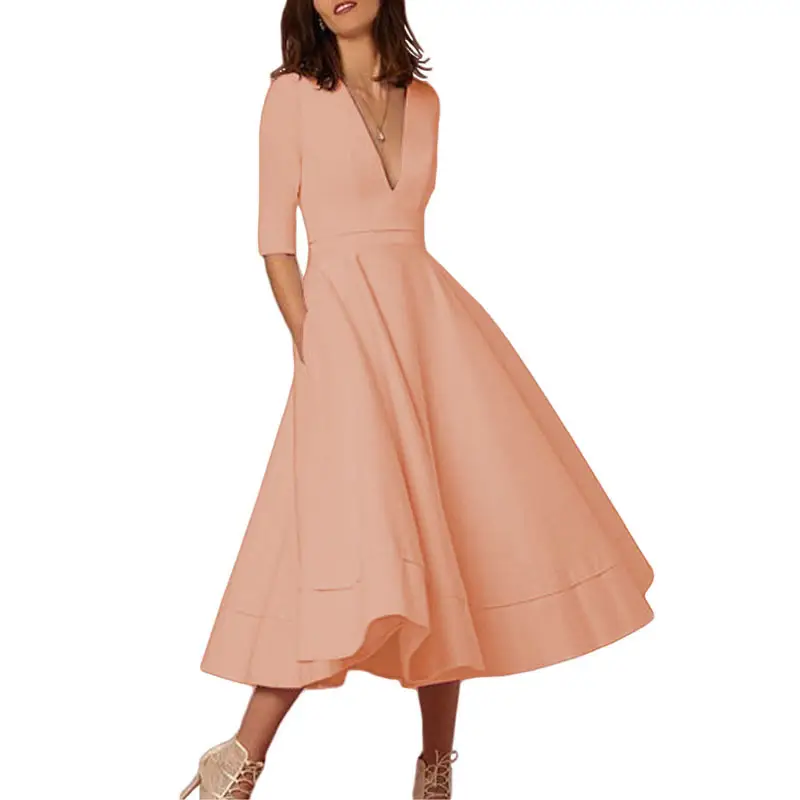 Cross-border Evening Dress V-Neck Banquet Solid Color Mid-length Dress for Women - Image 7