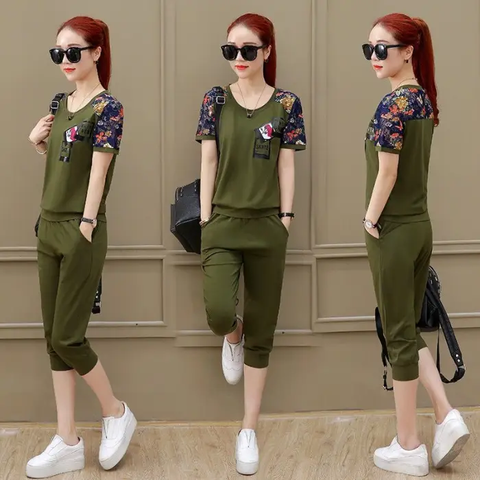Women's 2021 New Korean Casual Sports Suit Olive Green - Image 3