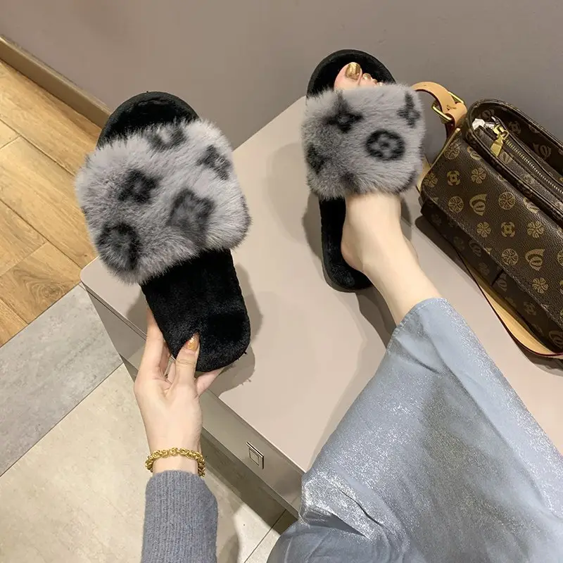 Amazon New Flower Slippers Fur Flat Slippers Women's Home High and Low Wool Open Cotton Slippers for Foreign Trade