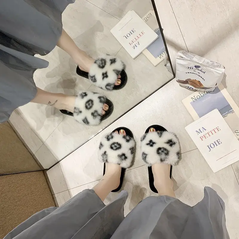 Amazon New Flower Slippers Fur Flat Slippers Women's Home High and Low Wool Open Cotton Slippers for Foreign Trade