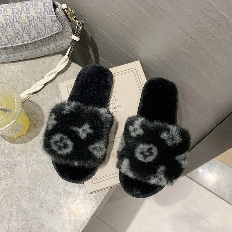 Amazon New Flower Slippers Fur Flat Slippers Women's Home High and Low Wool Open Cotton Slippers for Foreign Trade