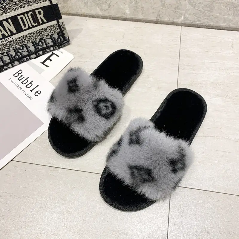 Amazon New Flower Slippers Fur Flat Slippers Women's Home High and Low Wool Open Cotton Slippers for Foreign Trade