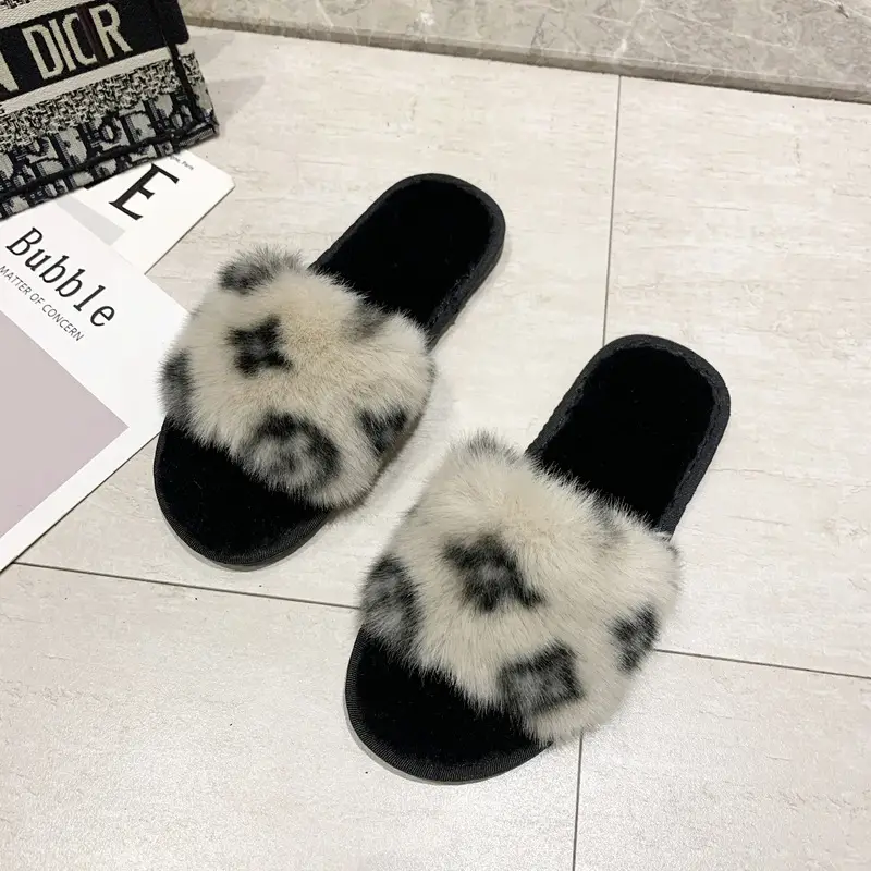 Amazon New Flower Slippers Fur Flat Slippers Women's Home High and Low Wool Open Cotton Slippers for Foreign Trade