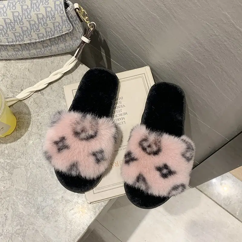 Amazon New Flower Slippers Fur Flat Slippers Women's Home High and Low Wool Open Cotton Slippers for Foreign Trade