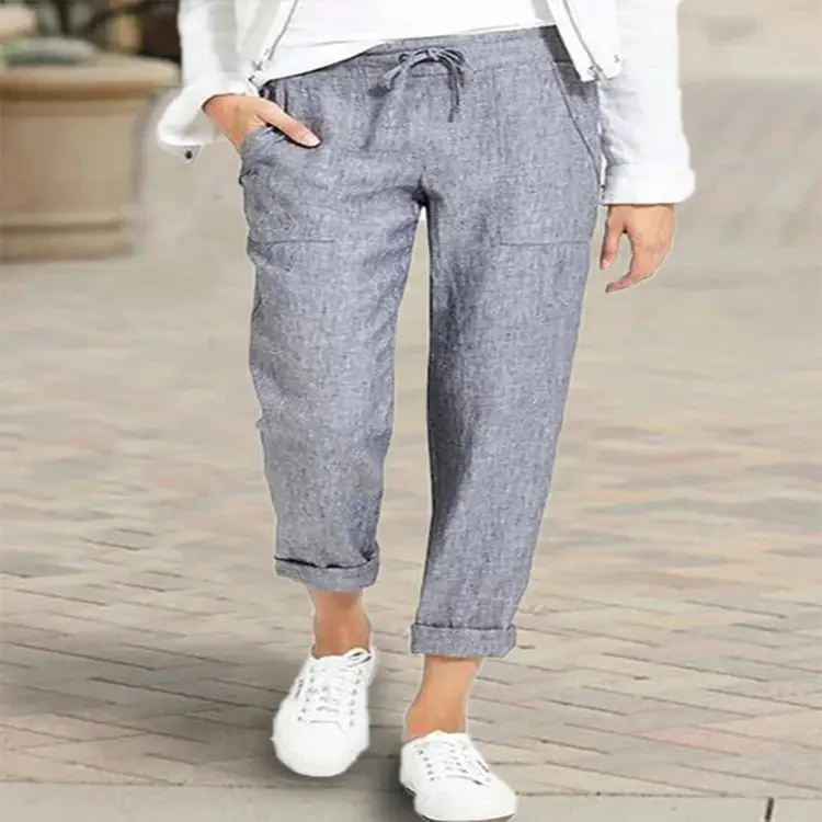 Women Drawstring Linen Pants Navy Blue Cropped - Image 6