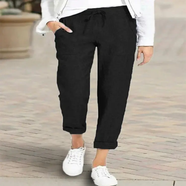 Women Drawstring Linen Pants Navy Blue Cropped - Image 7
