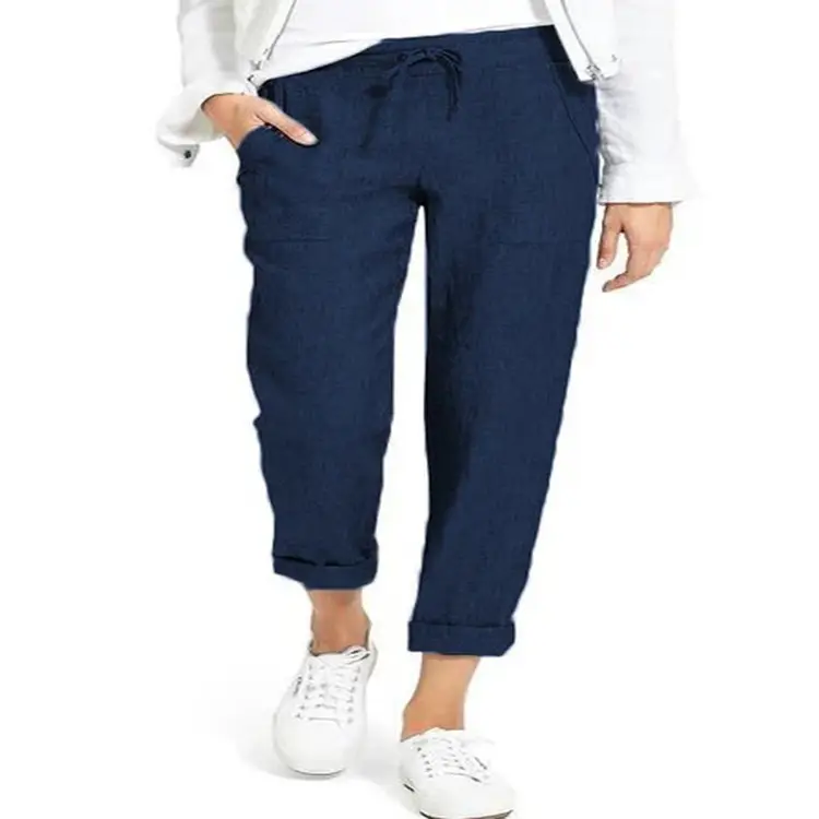 Women Drawstring Linen Pants Navy Blue Cropped - Image 8