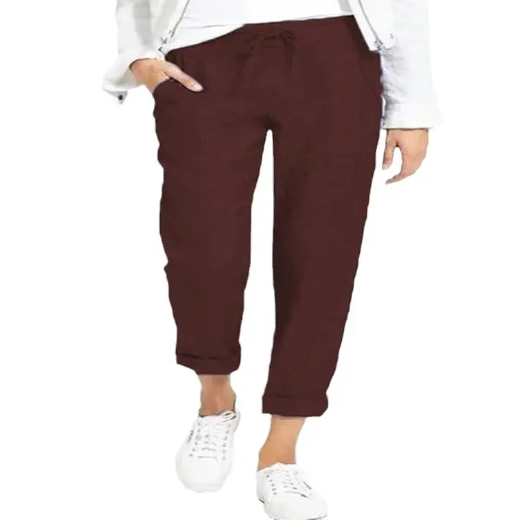 Women Drawstring Linen Pants Navy Blue Cropped - Image 9