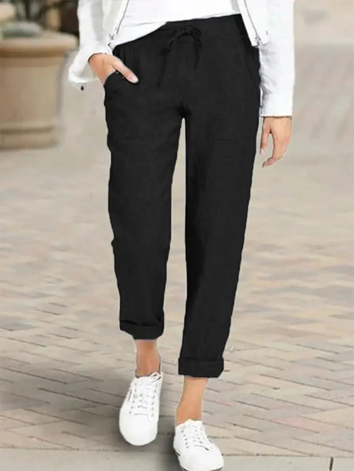 Women Drawstring Linen Pants Navy Blue Cropped - Image 2