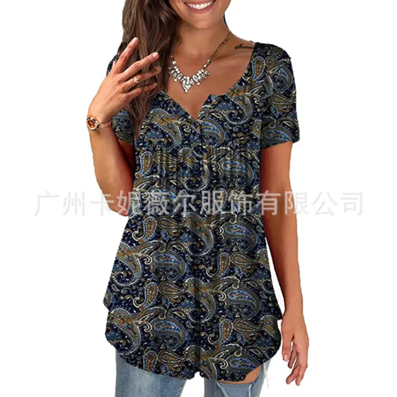 2025 Cross-Border Women's Printed Henley Shirt Short Sleeve - Image 3