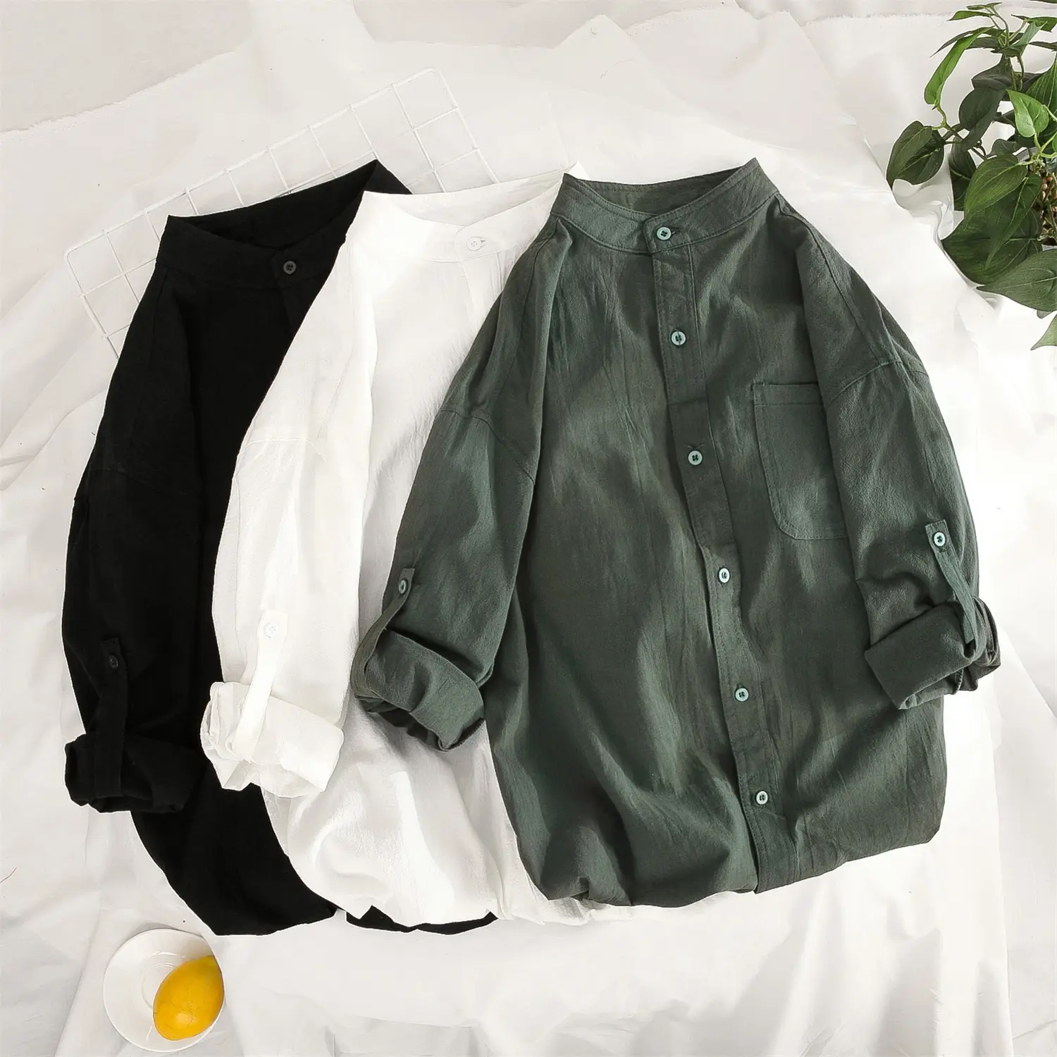 Men's Linen Button-Up Shirt Olive Green All-Match - Image 8