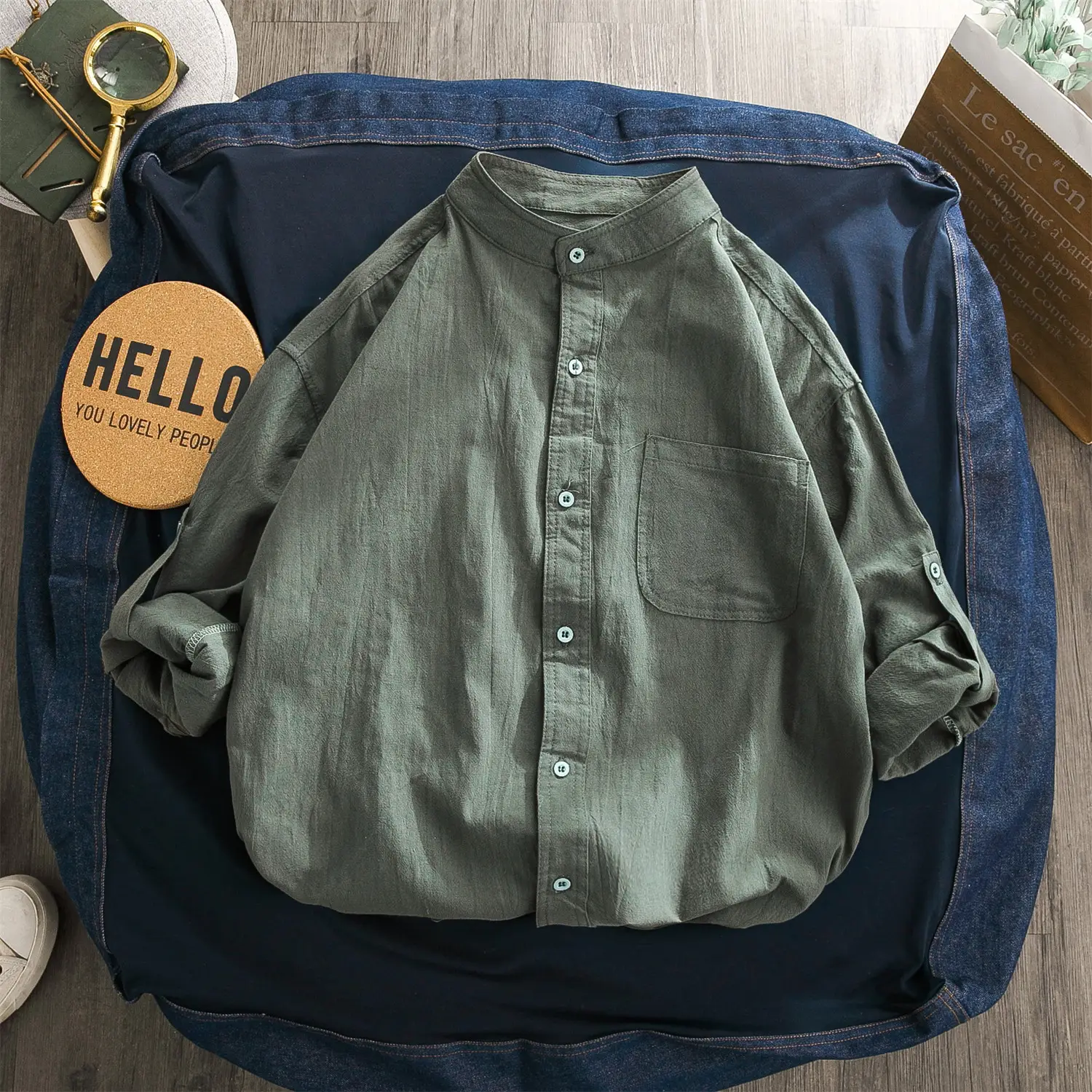 Men's Linen Button-Up Shirt Olive Green All-Match - Image 10