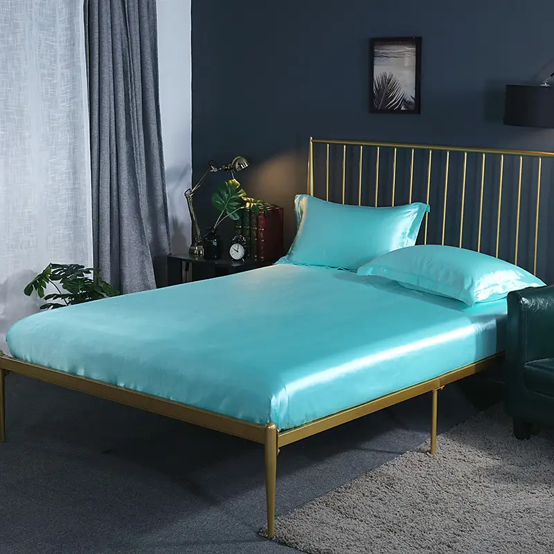 Solid Color Washed Silk Fitted Sheet Single Piece Solid Color Silk Satin 1.5m 1.8m Silky Smooth Bed Sheet Double Bed Fitted Sheet for Sleeping Naked