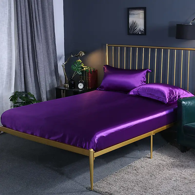 Solid Color Washed Silk Fitted Sheet Single Piece Solid Color Silk Satin 1.5m 1.8m Silky Smooth Bed Sheet Double Bed Fitted Sheet for Sleeping Naked